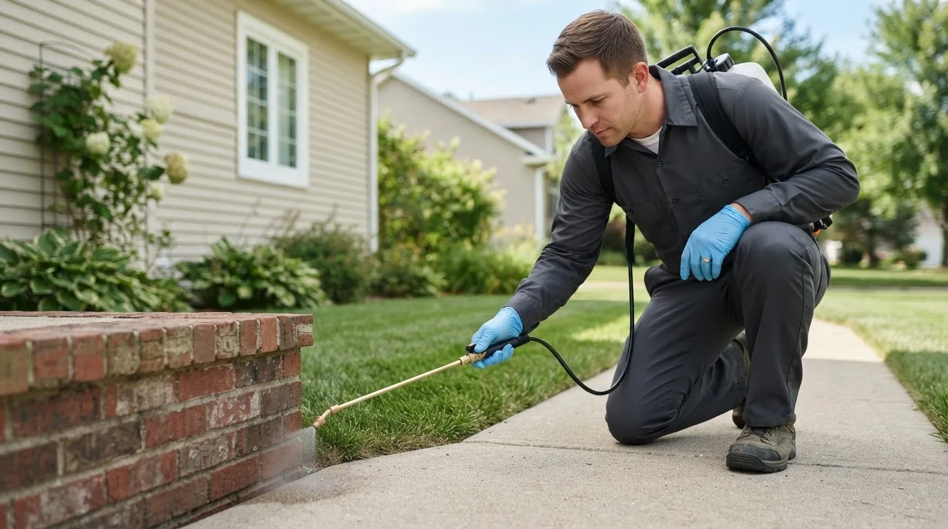 Pest control technician treating a home near Liberty, ME