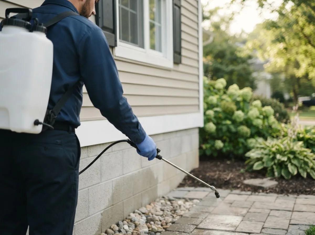 Pest control technician inspecting a home in Liberty, ME